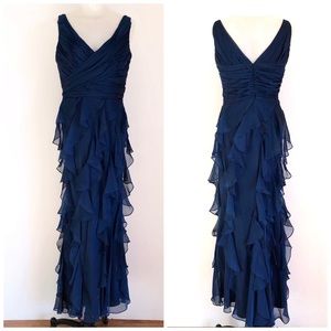 Badgley Mischka VNeck Sleeveless Ruffle Blue Gown
